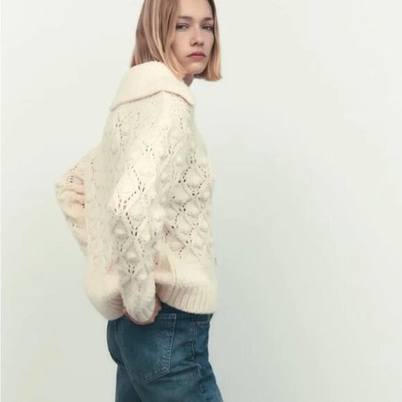 Zara Pompom Knit Cardigan Jacket Bloggers Favourite Cream Ecru Size Small - Picture 4 of 10